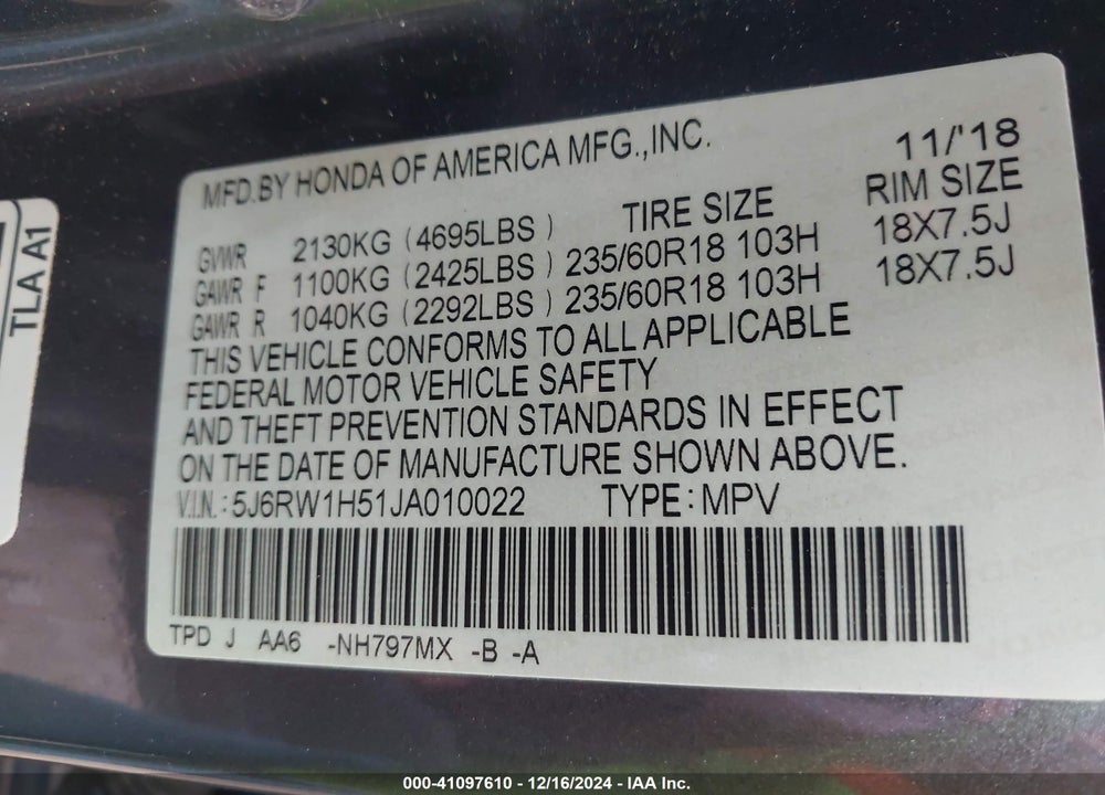 2018 HONDA CR-V EX VIN: 5J6RW1H51JA010022