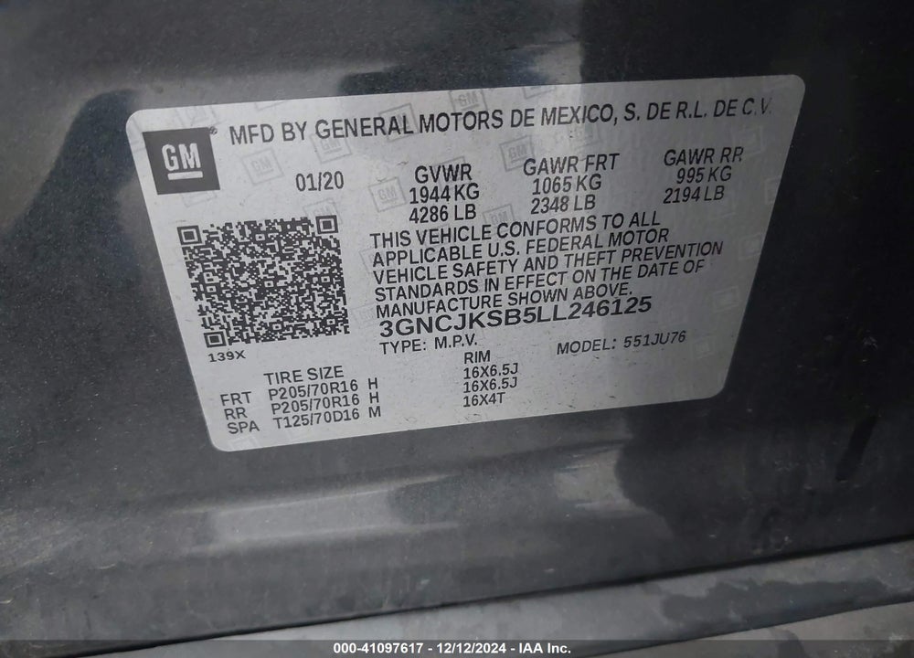 2020 CHEVROLET TRAX FWD LS VIN: 3GNCJKSB5LL246125