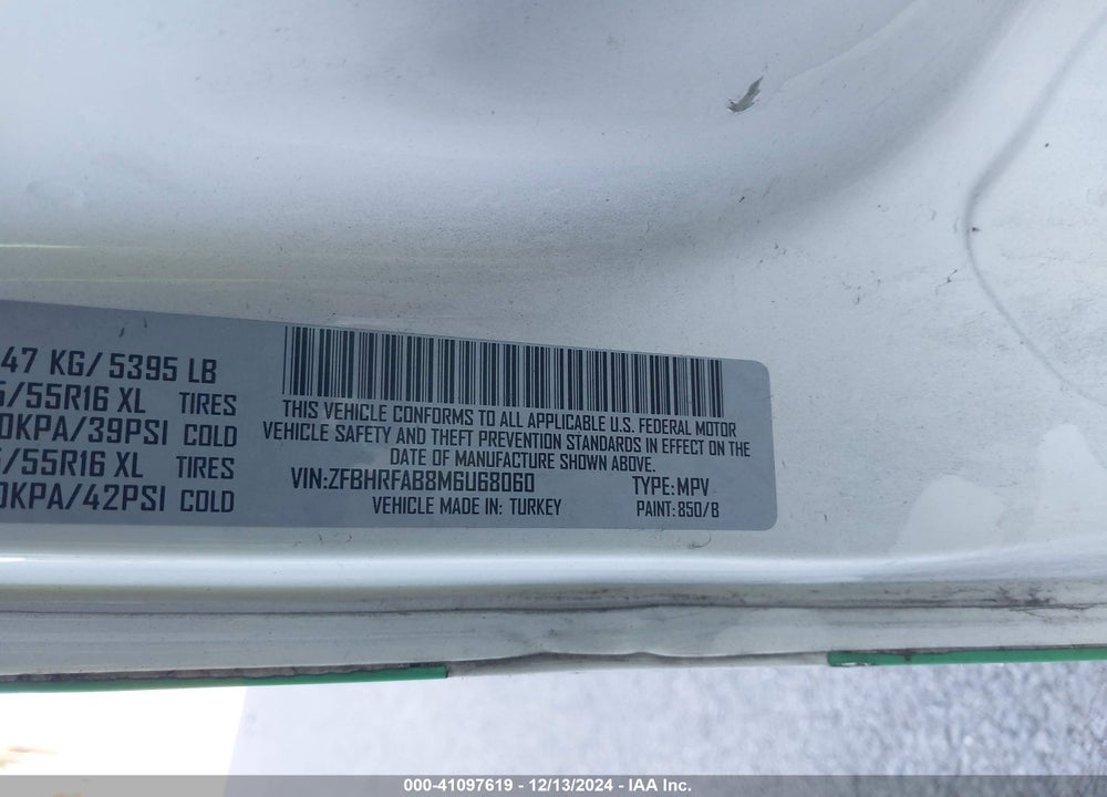2021 RAM PROMASTER CITY TRADESMAN VIN: ZFBHRFAB8M6U68060