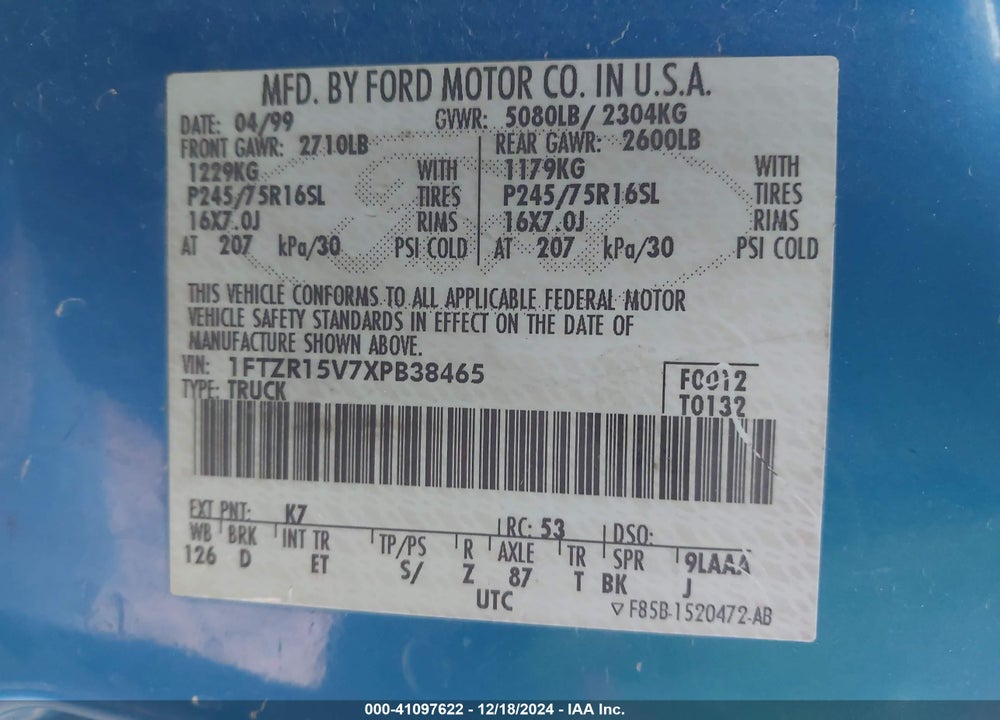 1999 FORD RANGER XL/XLT VIN: 1FTZR15V7XPB38465