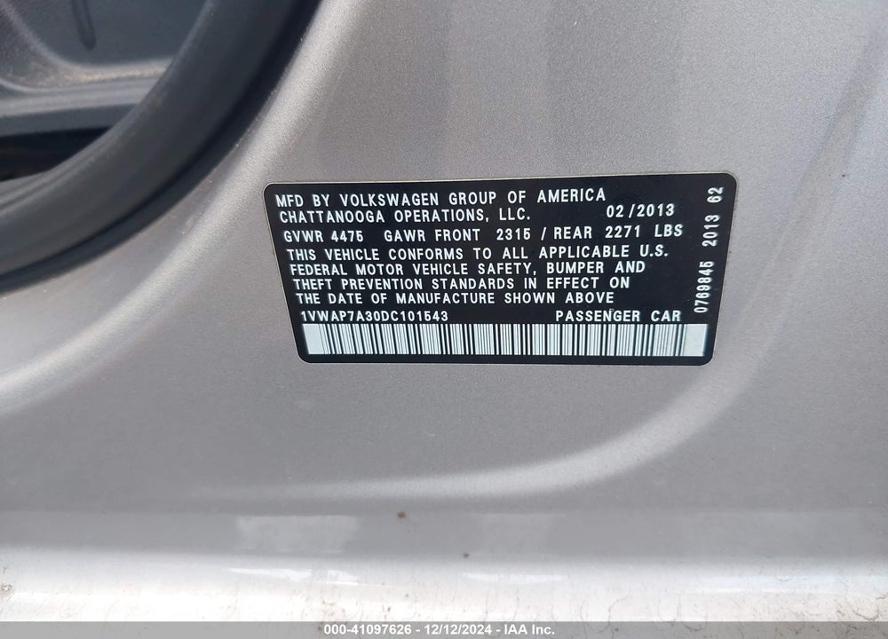 2013 VOLKSWAGEN PASSAT 2.5L S VIN: 1VWAP7A30DC101543