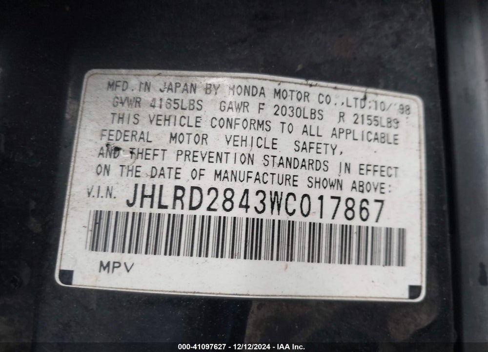1998 HONDA CR-V LX VIN: JHLRD2843WC017867