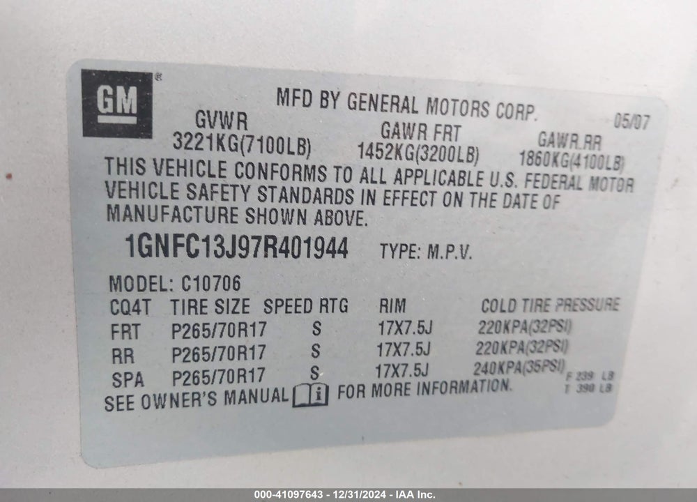 2007 CHEVROLET TAHOE LT VIN: 1GNFC13J97R401944