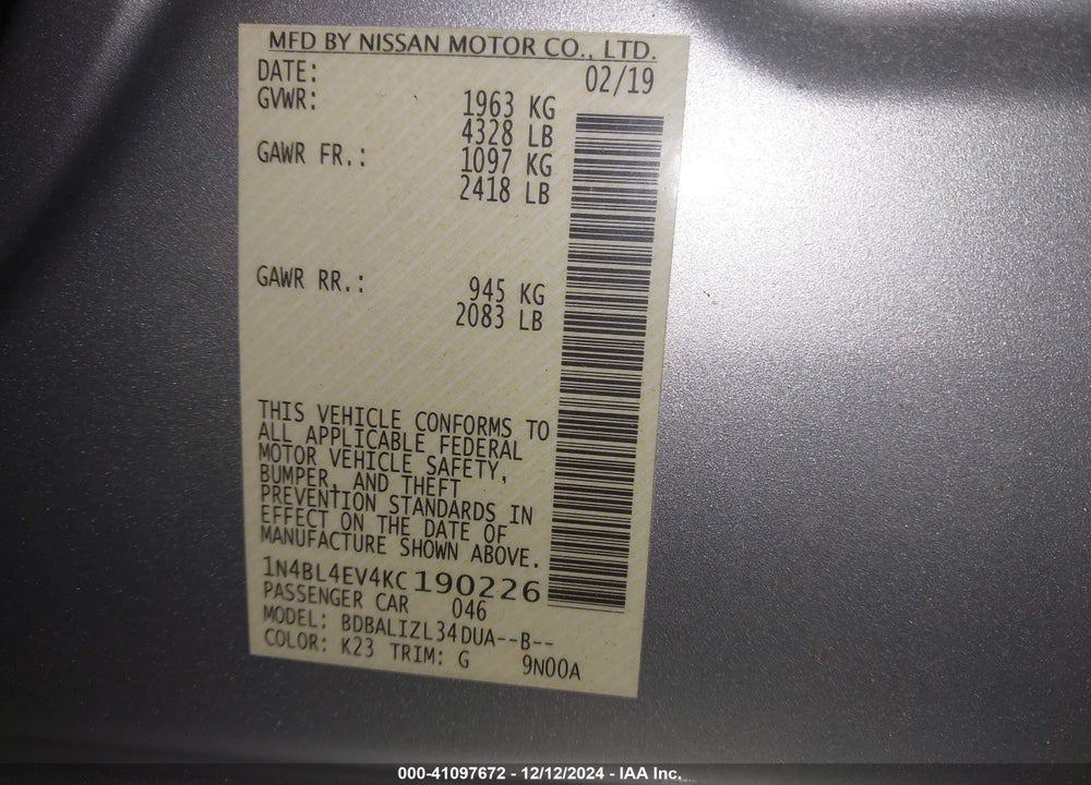 2019 NISSAN ALTIMA 2.5 SL VIN: 1N4BL4EV4KC190226