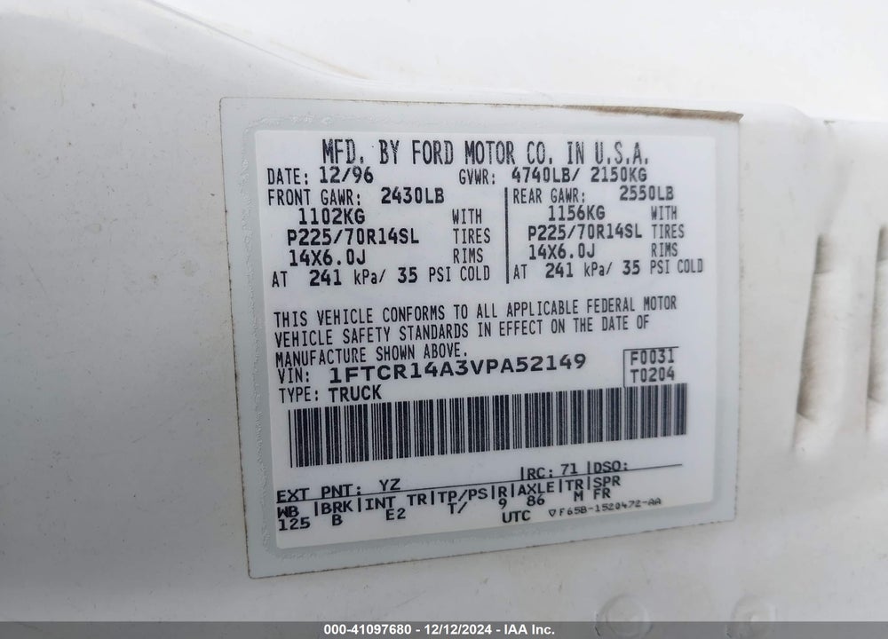1997 FORD RANGER VIN: 1FTCR14A3VPA52149
