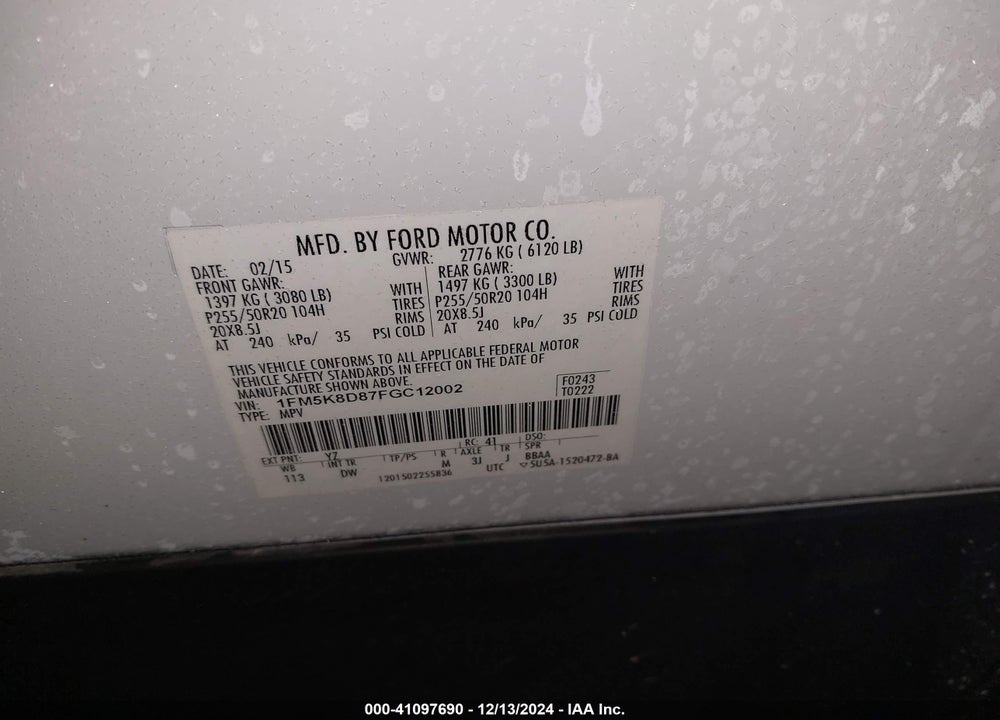 2015 FORD EXPLORER XLT VIN: 1FM5K8D87FGC12002