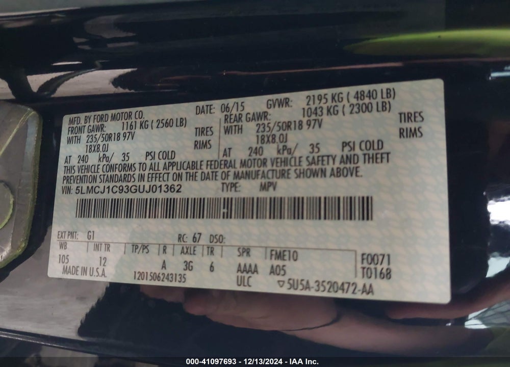 2016 LINCOLN MKC VIN: 5LMCJ1C93GUJ01362