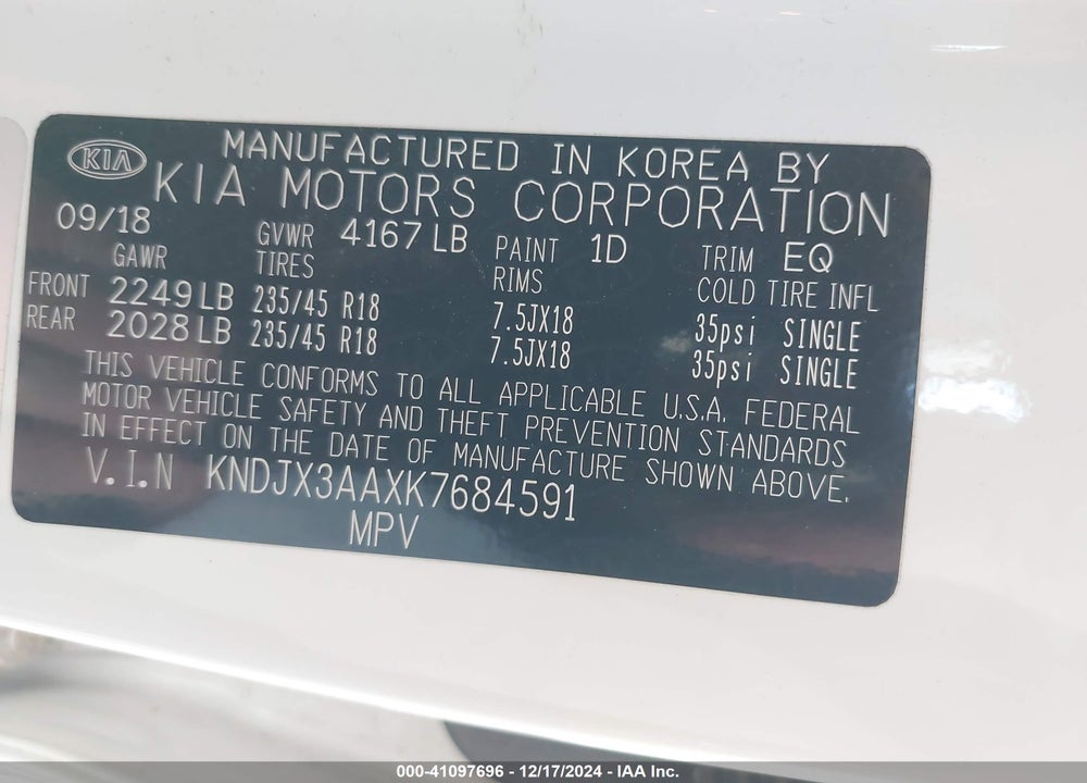 2019 KIA SOUL VIN: KNDJX3AAXK7684591