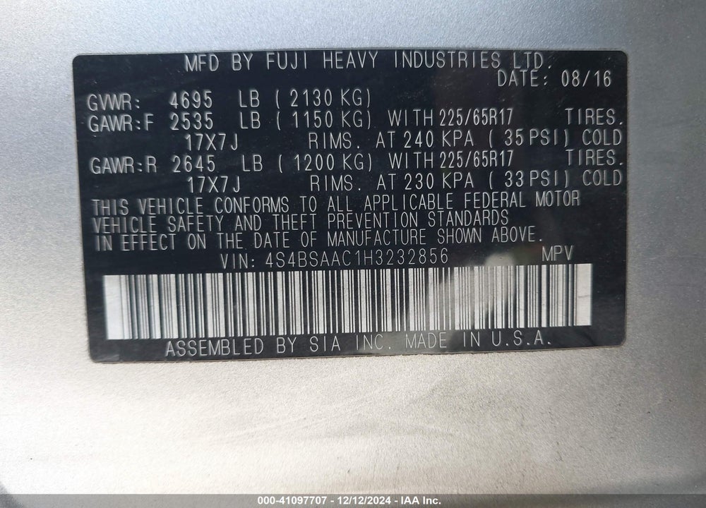 2017 SUBARU OUTBACK 2.5I VIN: 4S4BSAAC1H3232856