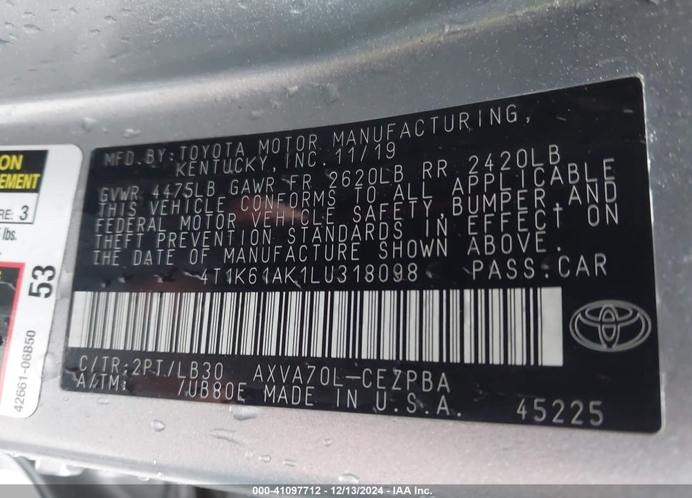 2020 TOYOTA CAMRY XSE VIN: 4T1K61AK1LU318098
