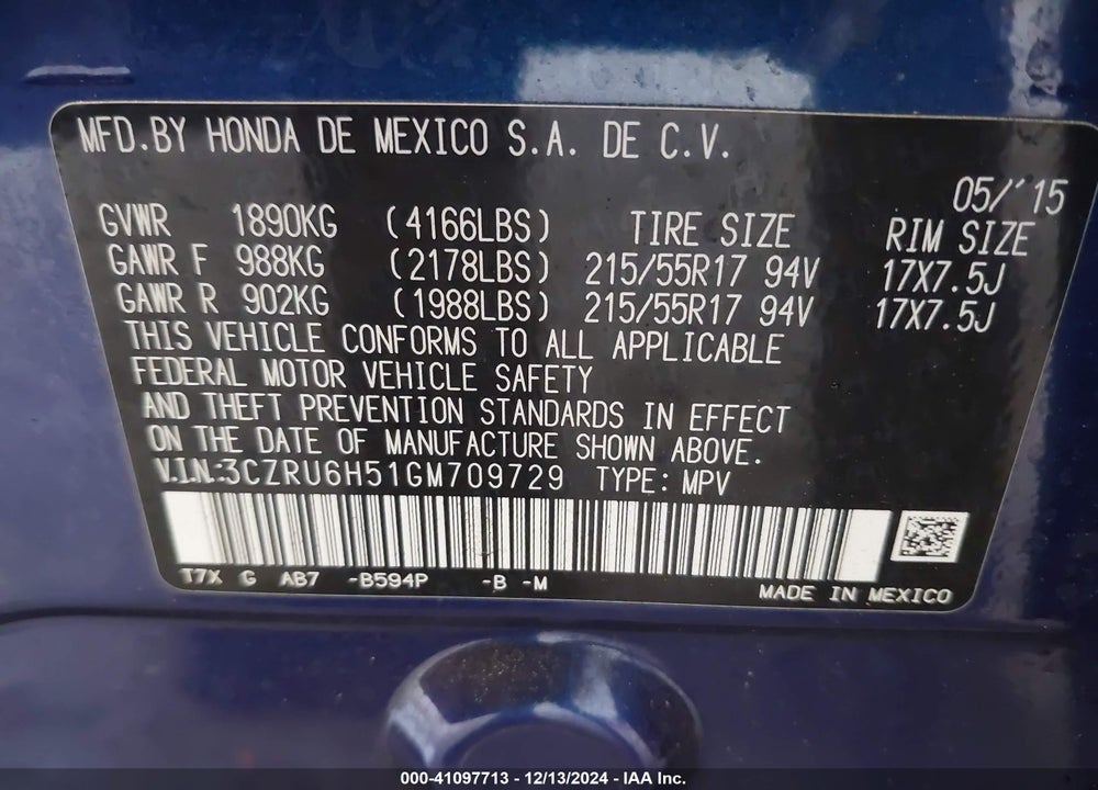 2016 HONDA HR-V EX VIN: 3CZRU6H51GM709729