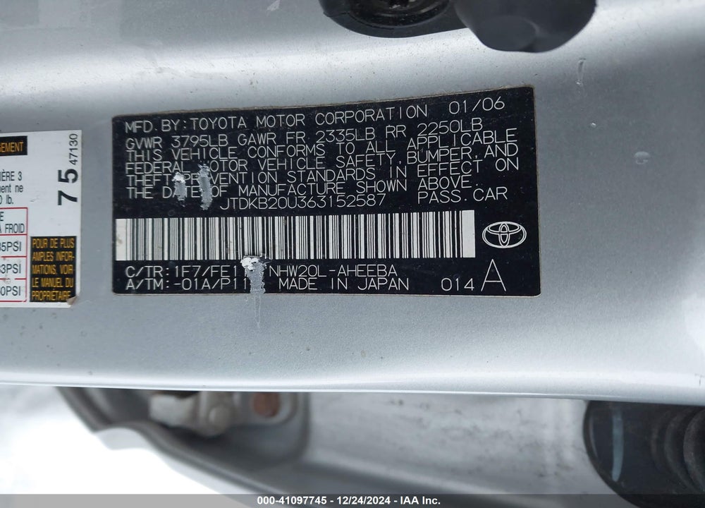 2006 TOYOTA PRIUS VIN: JTDKB20U363152587