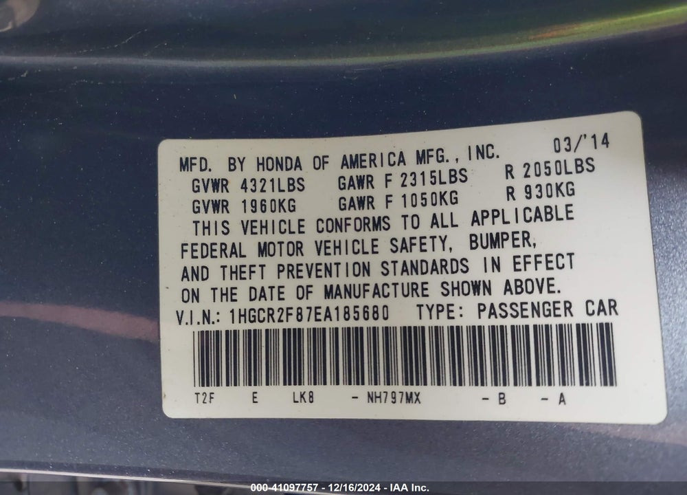 2014 HONDA ACCORD EX-L VIN: 1HGCR2F87EA185680