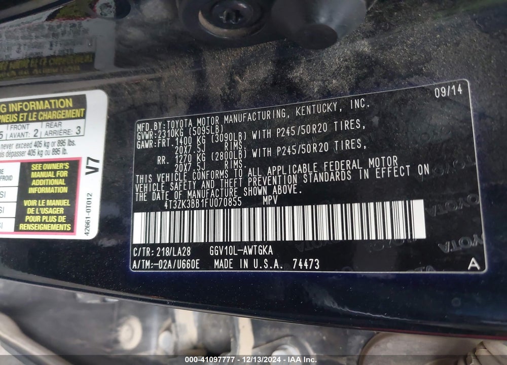 2015 TOYOTA VENZA LE/XLE/LIMITED VIN: 4T3ZK3BB1FU070855