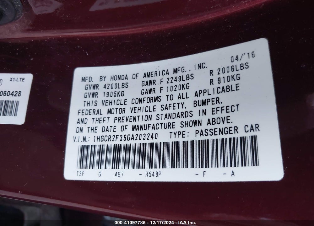 2016 HONDA ACCORD LX VIN: 1HGCR2F36GA203240