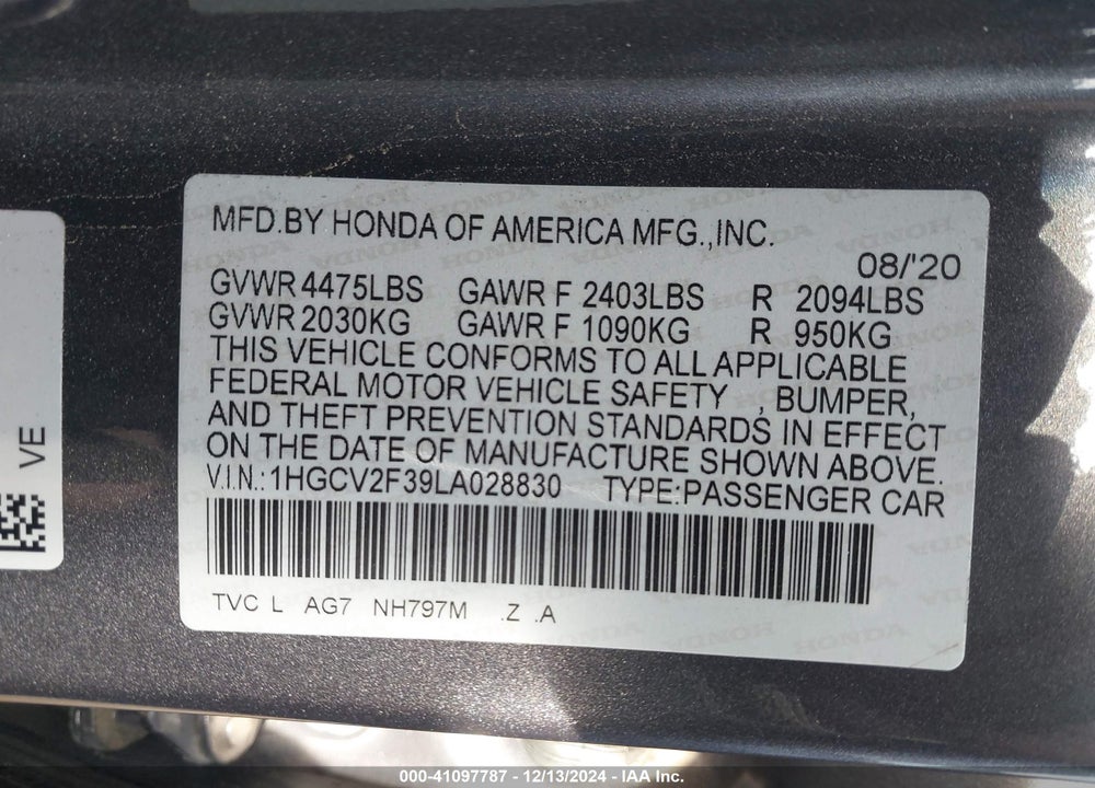 2020 HONDA ACCORD SPORT 2.0T VIN: 1HGCV2F39LA028830