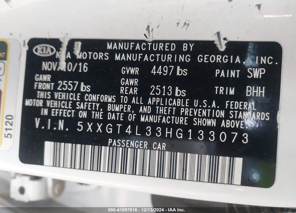 2017 KIA OPTIMA LX VIN: 5XXGT4L33HG133073
