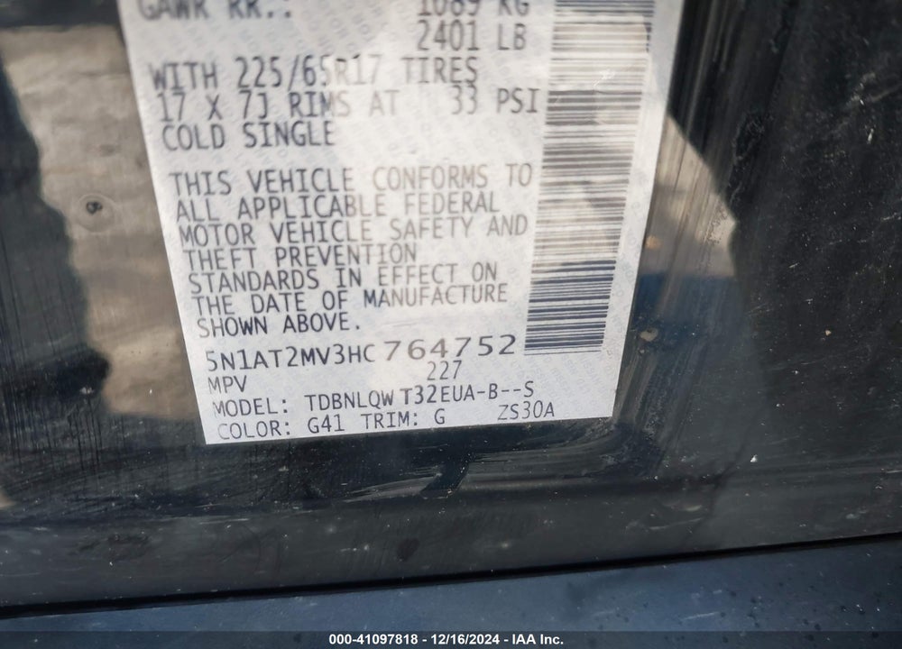 2017 NISSAN ROGUE SV VIN: 5N1AT2MV3HC764752