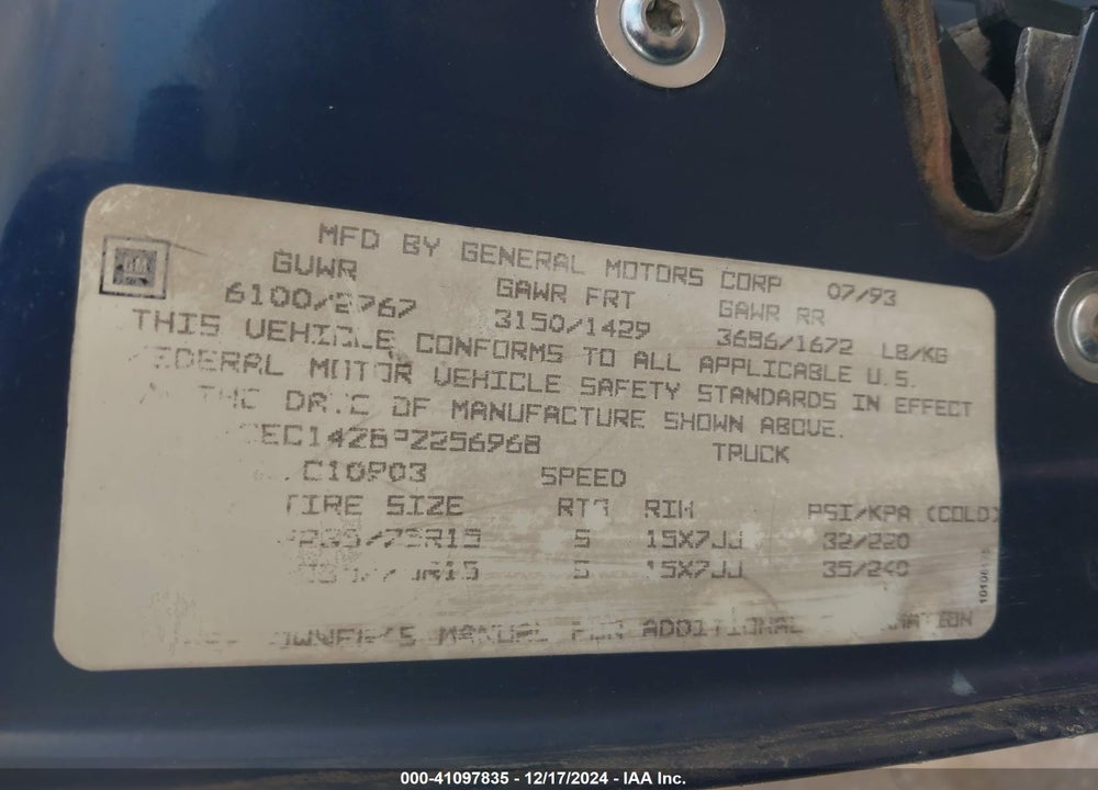 1993 CHEVROLET GMT-400 C1500 VIN: 1GCEC14Z8PZ256968