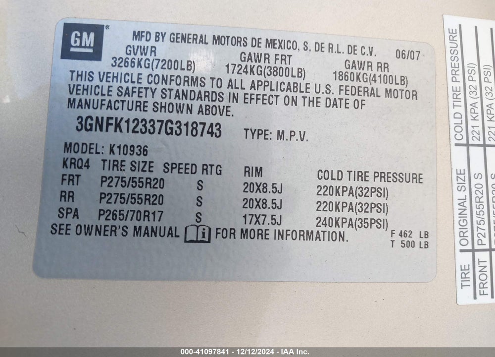 2007 CHEVROLET AVALANCHE 1500 LTZ VIN: 3GNFK12337G318743