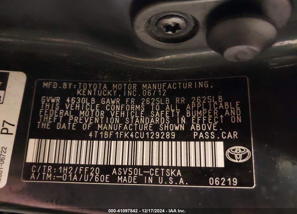 2012 TOYOTA CAMRY SE VIN: 4T1BF1FK4CU129289