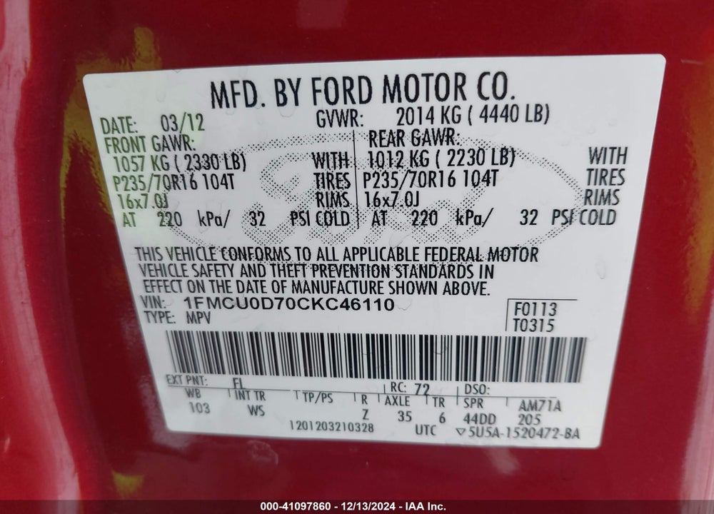2012 FORD ESCAPE XLT VIN: 1FMCU0D70CKC46110