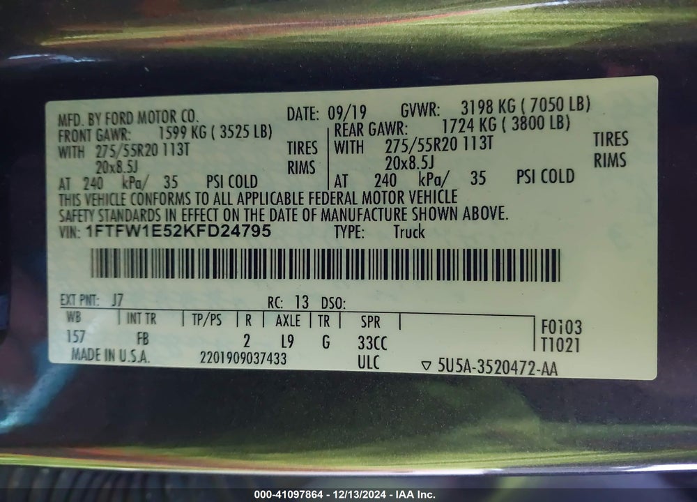 2019 FORD F-150 VIN: 1FTFW1E52KFD24795