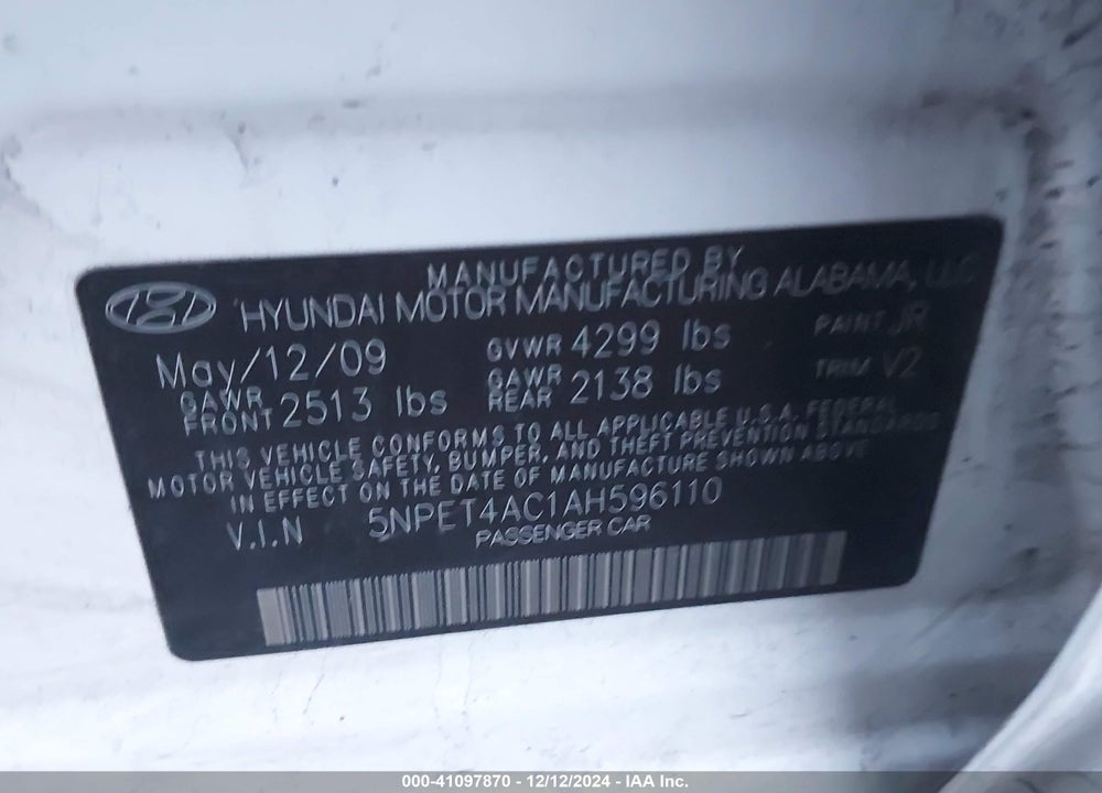 2010 HYUNDAI SONATA GLS VIN: 5NPET4AC1AH596110