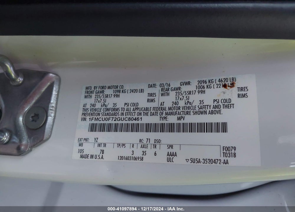 2016 FORD ESCAPE S VIN: 1FMCU0F72GUC80461