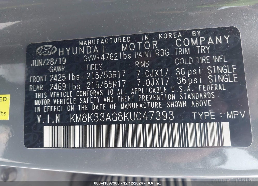 2019 HYUNDAI KONA EV LIMITED VIN: KM8K33AG8KU047393