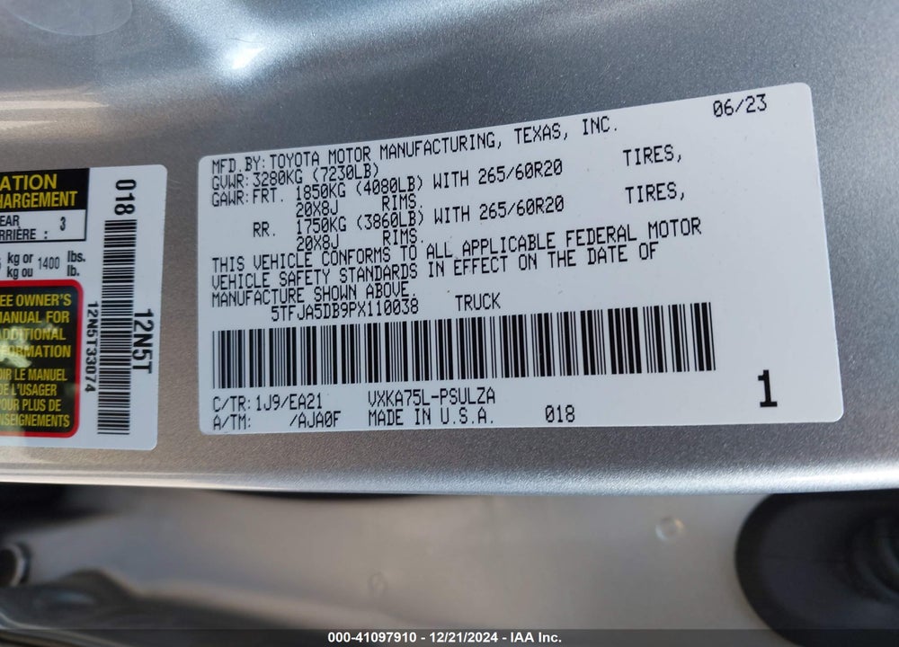 2023 TOYOTA TUNDRA LIMITED VIN: 5TFJA5DB9PX110038