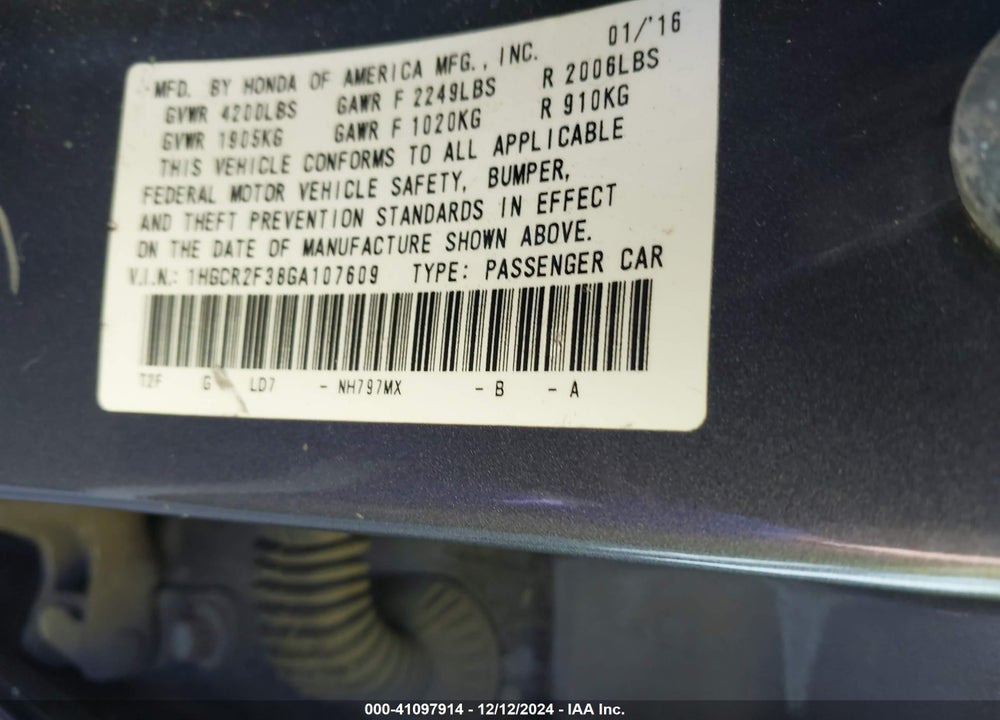 2016 HONDA ACCORD LX VIN: 1HGCR2F38GA107609