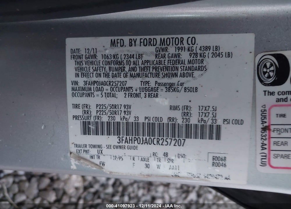 2012 FORD FUSION SEL VIN: 3FAHP0JA0CR257207