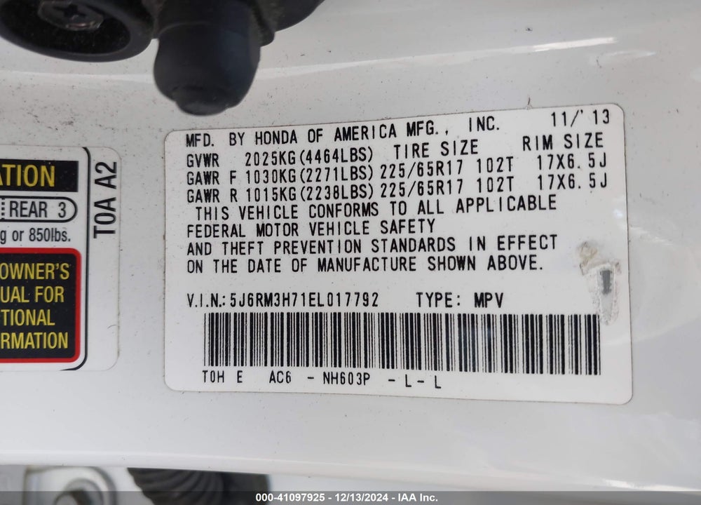 2014 HONDA CR-V EX-L VIN: 5J6RM3H71EL017792