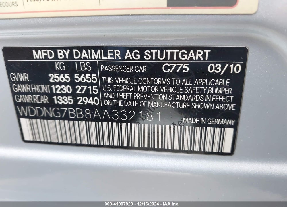 2010 MERCEDES-BENZ S 550 VIN: WDDNG7BB8AA332181