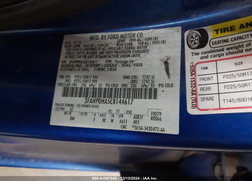 2012 FORD FUSION SE VIN: 3FAHP0HA5CR144617
