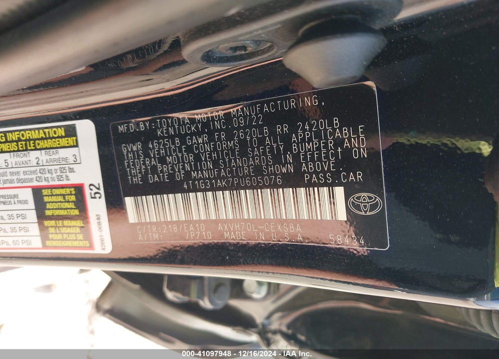 2023 TOYOTA CAMRY VIN: 4T1G31AK7PU605076