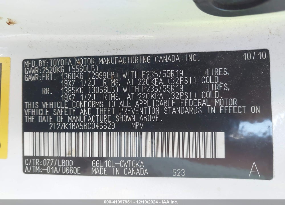 2011 LEXUS RX 350 VIN: 2T2ZK1BA5BC045629