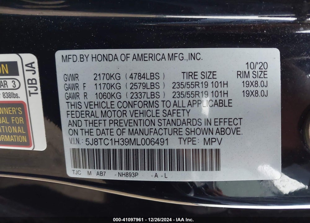 2021 ACURA RDX STANDARD VIN: 5J8TC1H39ML006491