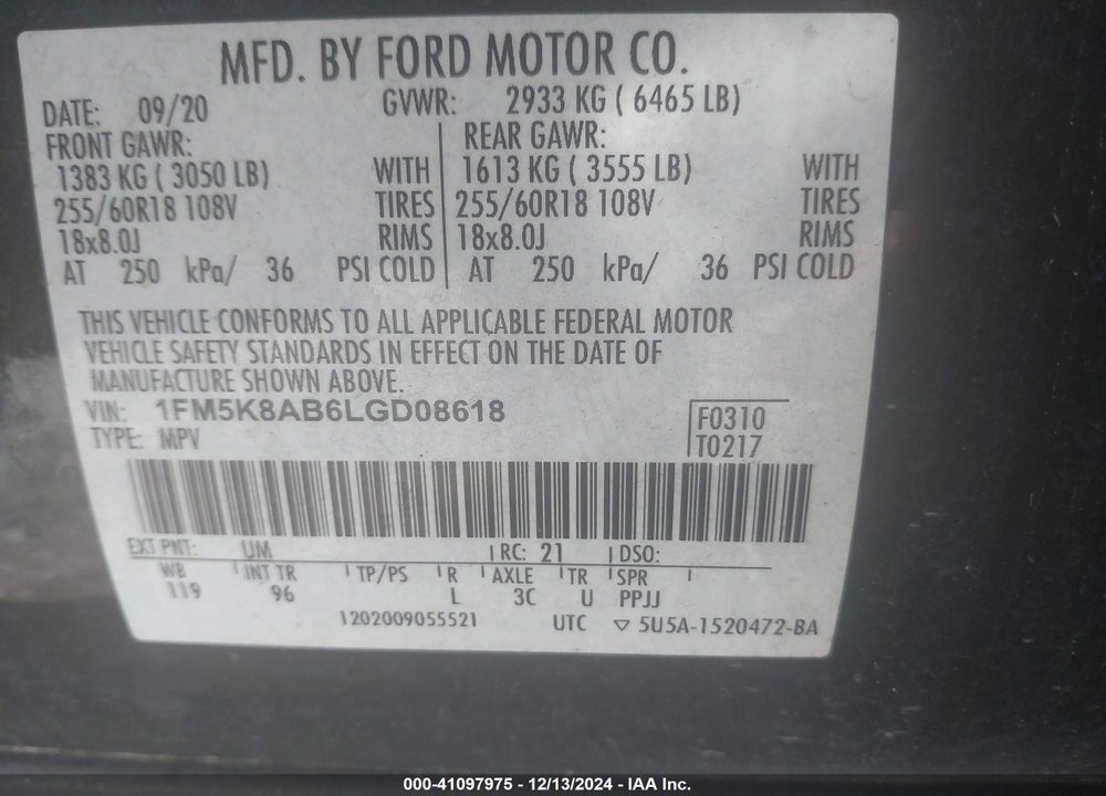 2020 FORD POLICE INTERCEPTOR VIN: 1FM5K8AB6LGD08618