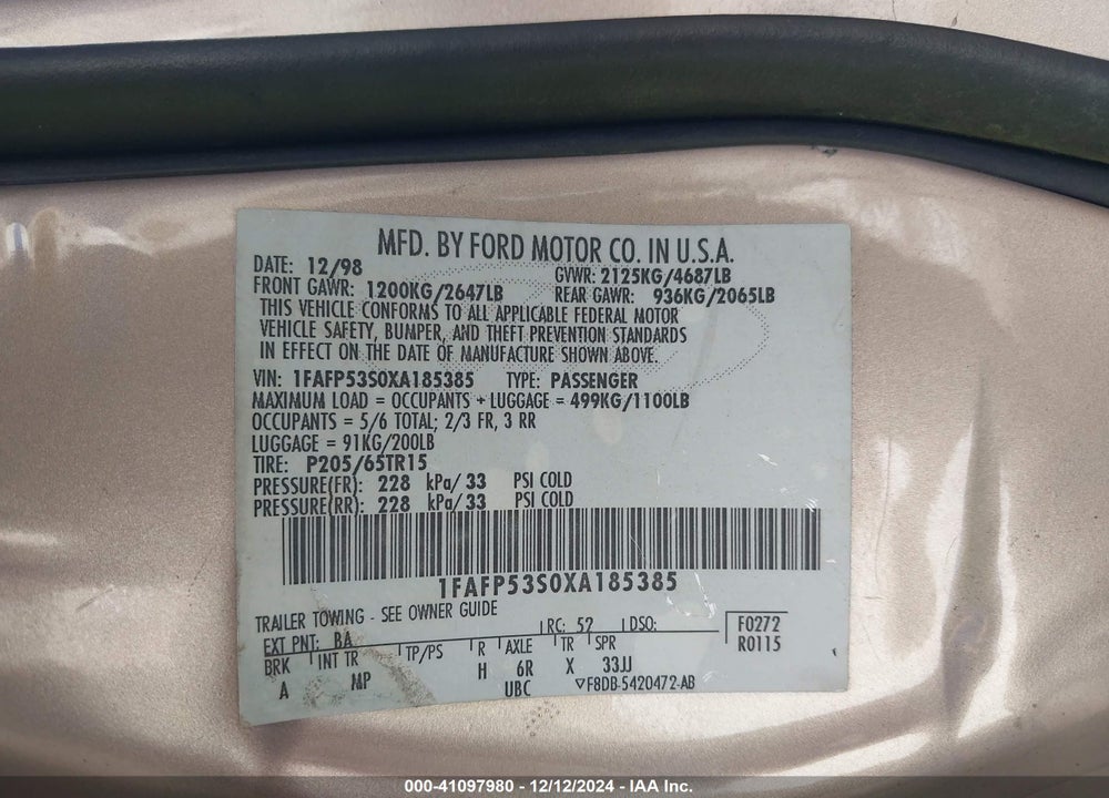 1999 FORD TAURUS SE/SE-NE VIN: 1FAFP53S0XA185385