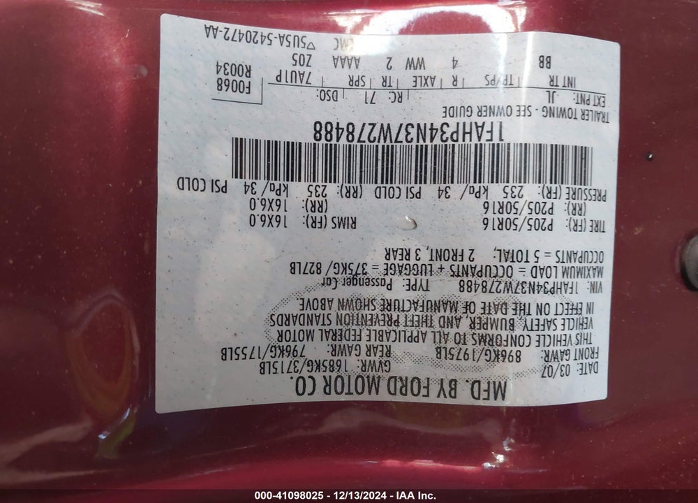 2007 FORD FOCUS S/SE/SES VIN: 1FAHP34N37W278488