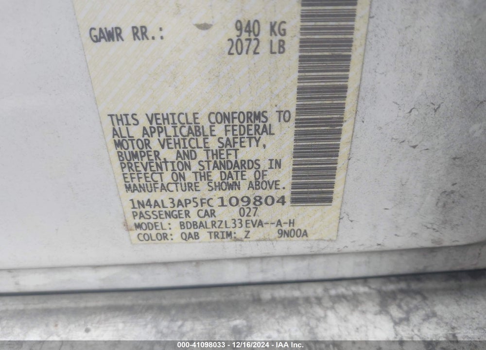 2015 NISSAN ALTIMA VIN: 1N4AL3AP5FC109804