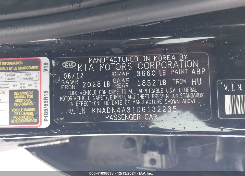 2013 KIA RIO EX VIN: KNADN4A31D6132235