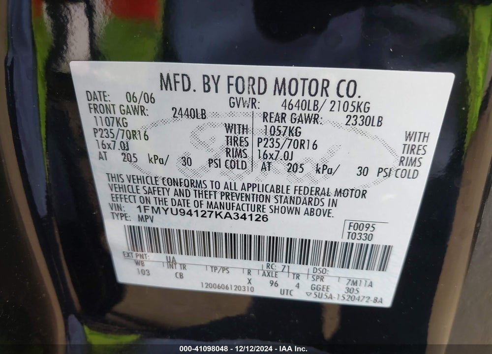 2007 FORD ESCAPE LIMITED VIN: 1FMYU94127KA34126