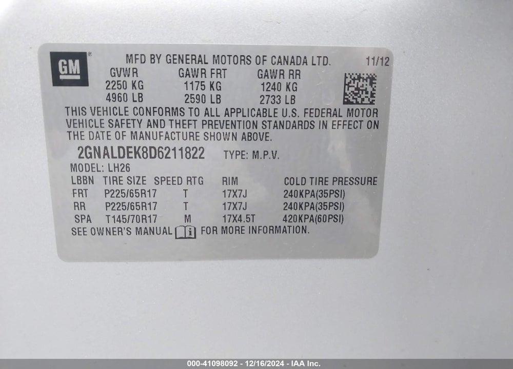 2013 CHEVROLET EQUINOX 1LT VIN: 2GNALDEK8D6211822