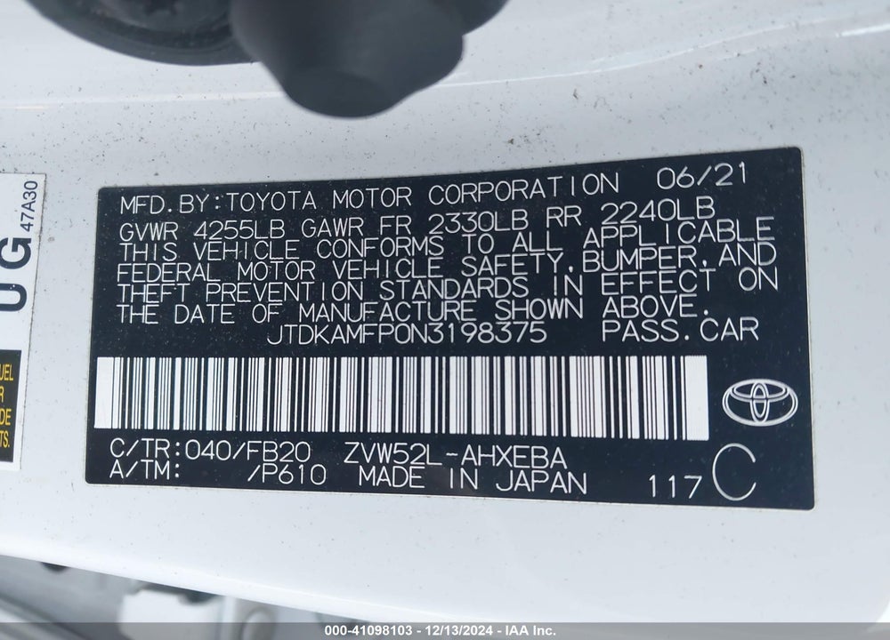 2022 TOYOTA PRIUS PRIME LE VIN: JTDKAMFP0N3198375