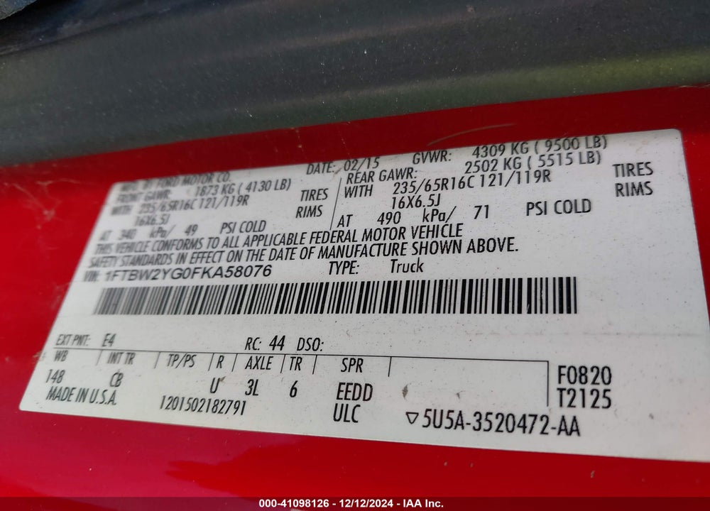 2015 FORD TRANSIT-350 VIN: 1FTBW2YG0FKA58076
