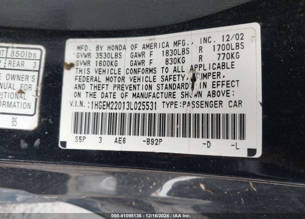 2003 HONDA CIVIC EX VIN: 1HGEM22013L025531