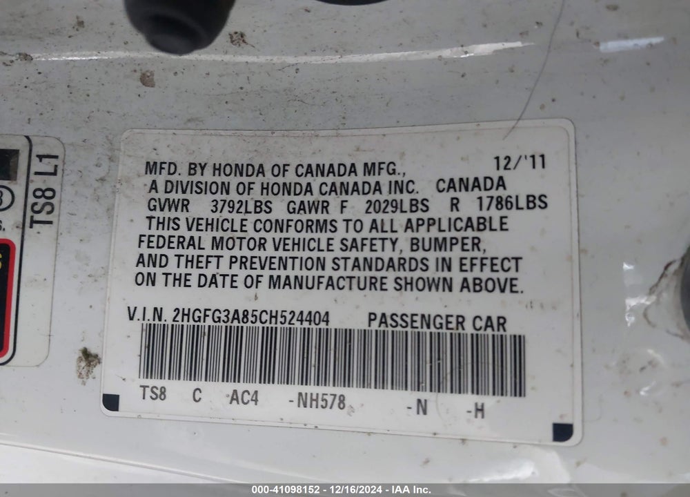 2012 HONDA CIVIC VIN: 2HGFG3A85CH524404
